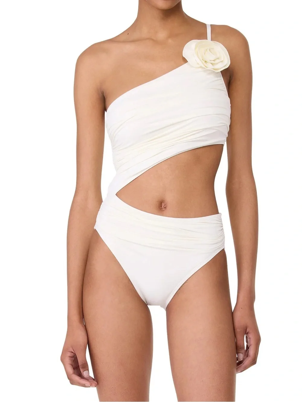 Kate Spade Swimsuit Cream Size Medium One Shoulder One Piece Rosette Cut-Out NWT